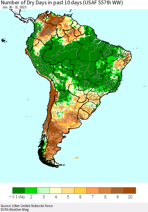 South America Number of Dry Days in past 10 days (USAF 557th WW) Thematic Map For 1/26/2023 - 1/31/2023