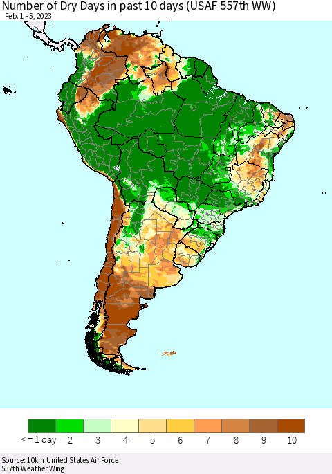 South America Number of Dry Days in past 10 days (USAF 557th WW) Thematic Map For 2/1/2023 - 2/5/2023
