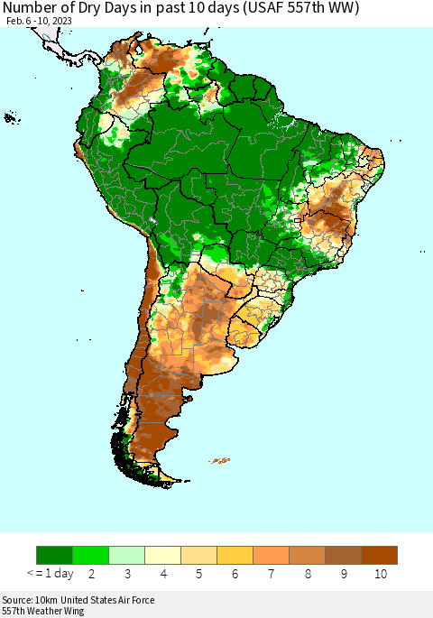 South America Number of Dry Days in past 10 days (USAF 557th WW) Thematic Map For 2/6/2023 - 2/10/2023
