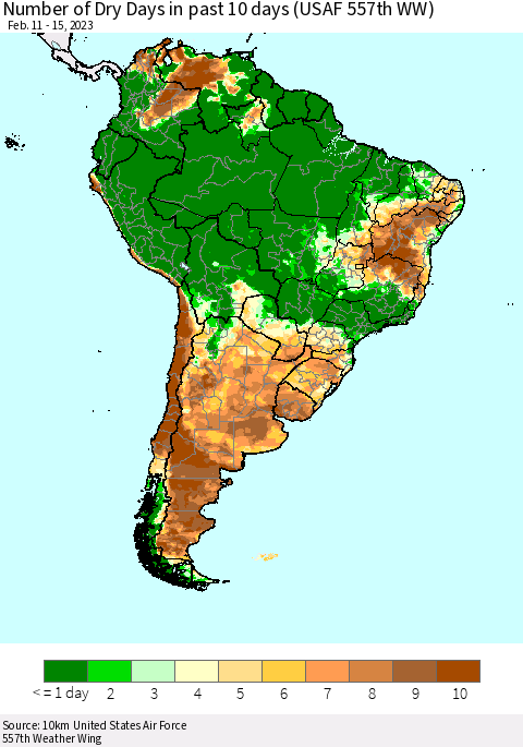 South America Number of Dry Days in past 10 days (USAF 557th WW) Thematic Map For 2/11/2023 - 2/15/2023