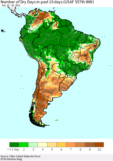 South America Number of Dry Days in past 10 days (USAF 557th WW) Thematic Map For 2/16/2023 - 2/20/2023