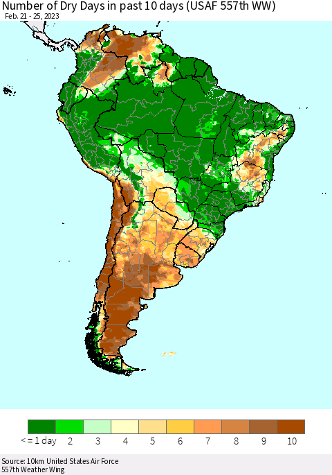 South America Number of Dry Days in past 10 days (USAF 557th WW) Thematic Map For 2/21/2023 - 2/25/2023