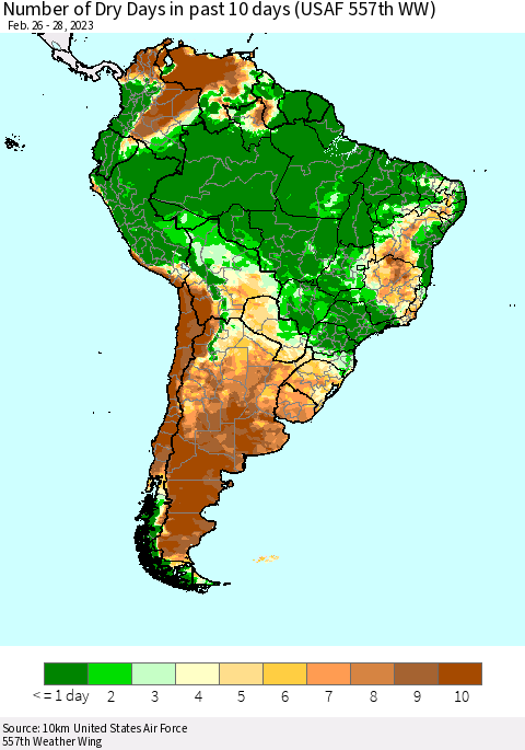 South America Number of Dry Days in past 10 days (USAF 557th WW) Thematic Map For 2/26/2023 - 2/28/2023