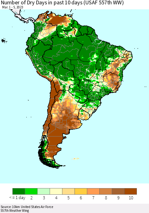 South America Number of Dry Days in past 10 days (USAF 557th WW) Thematic Map For 3/1/2023 - 3/5/2023