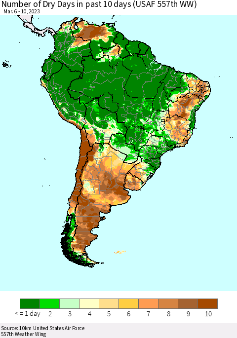 South America Number of Dry Days in past 10 days (USAF 557th WW) Thematic Map For 3/6/2023 - 3/10/2023