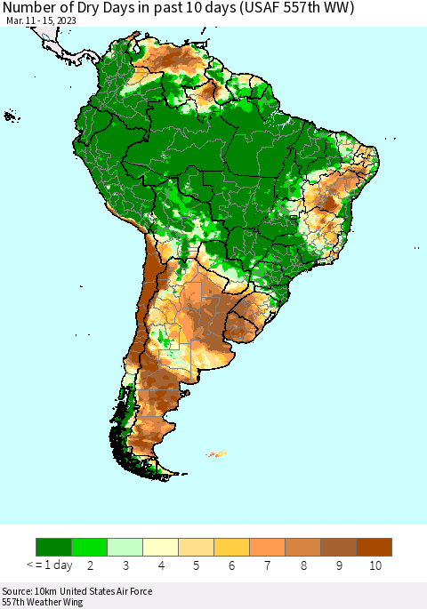 South America Number of Dry Days in past 10 days (USAF 557th WW) Thematic Map For 3/11/2023 - 3/15/2023