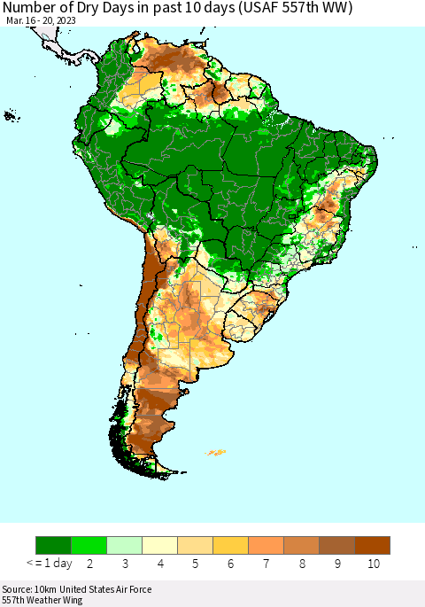 South America Number of Dry Days in past 10 days (USAF 557th WW) Thematic Map For 3/16/2023 - 3/20/2023