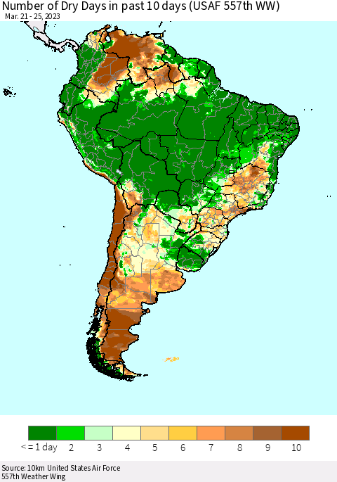 South America Number of Dry Days in past 10 days (USAF 557th WW) Thematic Map For 3/21/2023 - 3/25/2023