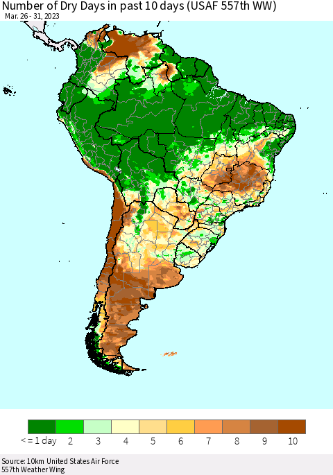 South America Number of Dry Days in past 10 days (USAF 557th WW) Thematic Map For 3/26/2023 - 3/31/2023