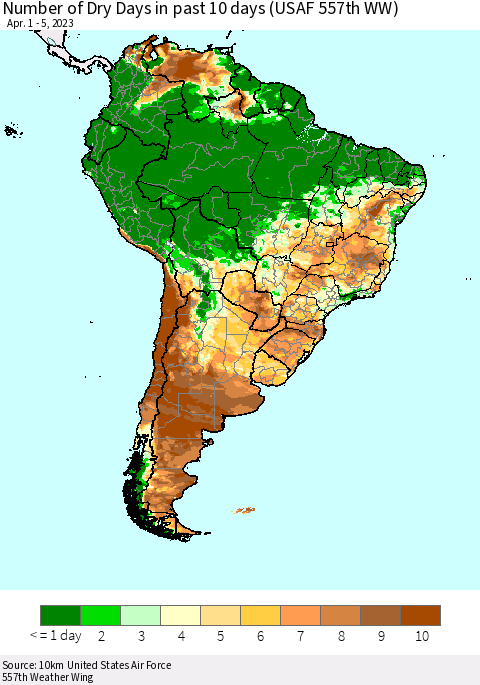 South America Number of Dry Days in past 10 days (USAF 557th WW) Thematic Map For 4/1/2023 - 4/5/2023