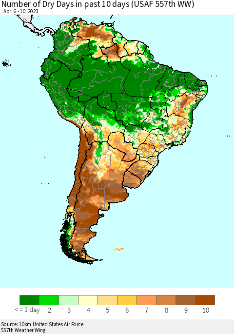South America Number of Dry Days in past 10 days (USAF 557th WW) Thematic Map For 4/6/2023 - 4/10/2023