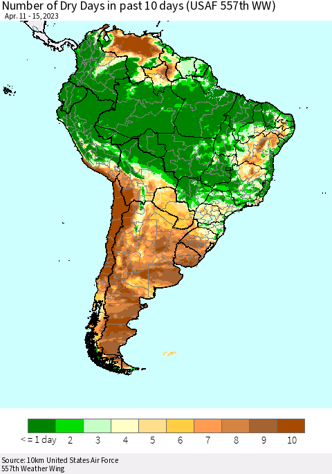 South America Number of Dry Days in past 10 days (USAF 557th WW) Thematic Map For 4/11/2023 - 4/15/2023