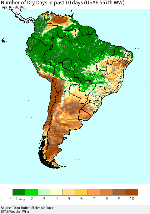 South America Number of Dry Days in past 10 days (USAF 557th WW) Thematic Map For 4/16/2023 - 4/20/2023
