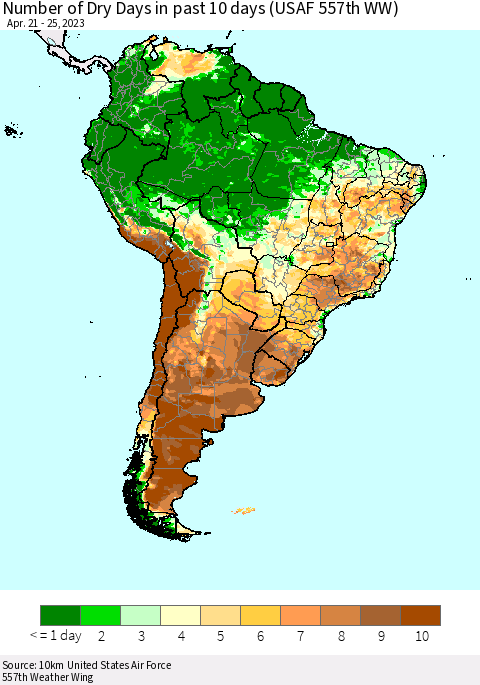 South America Number of Dry Days in past 10 days (USAF 557th WW) Thematic Map For 4/21/2023 - 4/25/2023