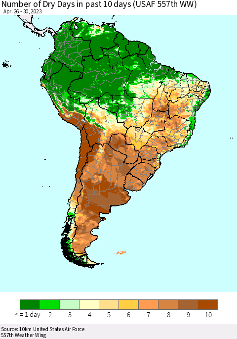 South America Number of Dry Days in past 10 days (USAF 557th WW) Thematic Map For 4/26/2023 - 4/30/2023