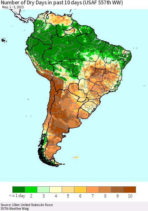 South America Number of Dry Days in past 10 days (USAF 557th WW) Thematic Map For 5/1/2023 - 5/5/2023