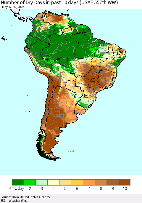 South America Number of Dry Days in past 10 days (USAF 557th WW) Thematic Map For 5/6/2023 - 5/10/2023