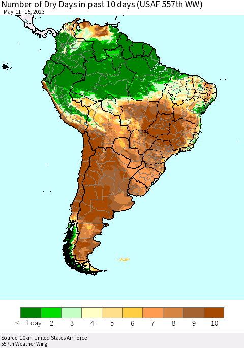 South America Number of Dry Days in past 10 days (USAF 557th WW) Thematic Map For 5/11/2023 - 5/15/2023
