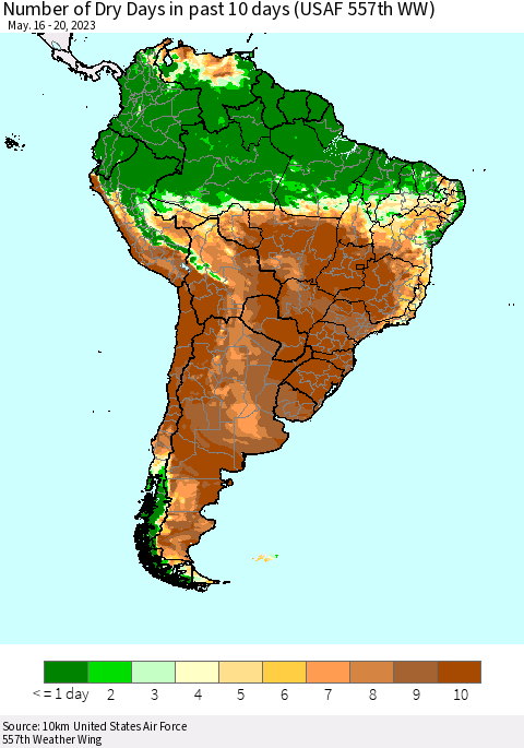 South America Number of Dry Days in past 10 days (USAF 557th WW) Thematic Map For 5/16/2023 - 5/20/2023