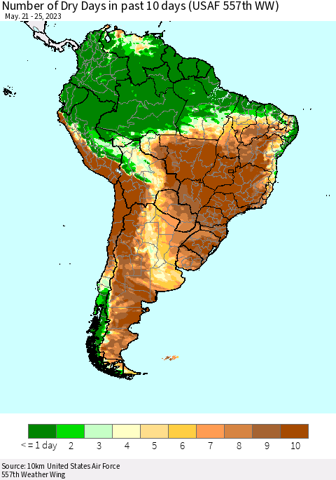 South America Number of Dry Days in past 10 days (USAF 557th WW) Thematic Map For 5/21/2023 - 5/25/2023