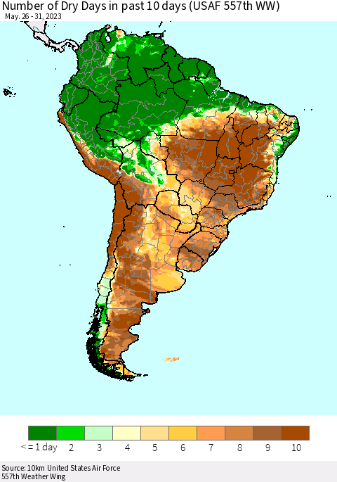 South America Number of Dry Days in past 10 days (USAF 557th WW) Thematic Map For 5/26/2023 - 5/31/2023