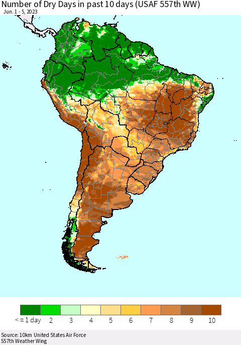 South America Number of Dry Days in past 10 days (USAF 557th WW) Thematic Map For 6/1/2023 - 6/5/2023
