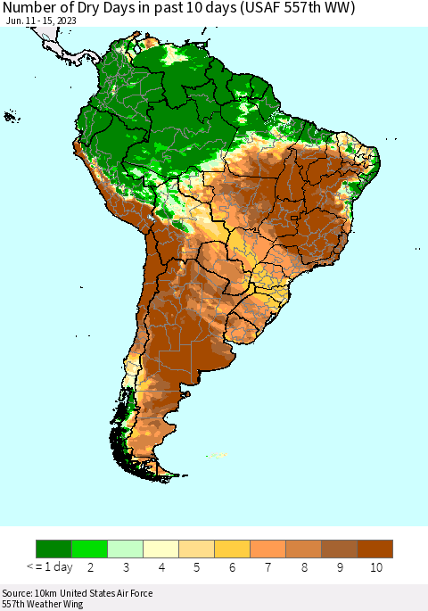 South America Number of Dry Days in past 10 days (USAF 557th WW) Thematic Map For 6/11/2023 - 6/15/2023