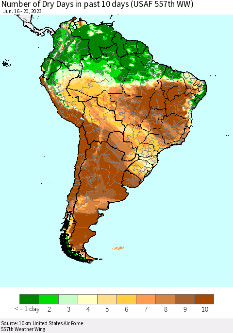 South America Number of Dry Days in past 10 days (USAF 557th WW) Thematic Map For 6/16/2023 - 6/20/2023