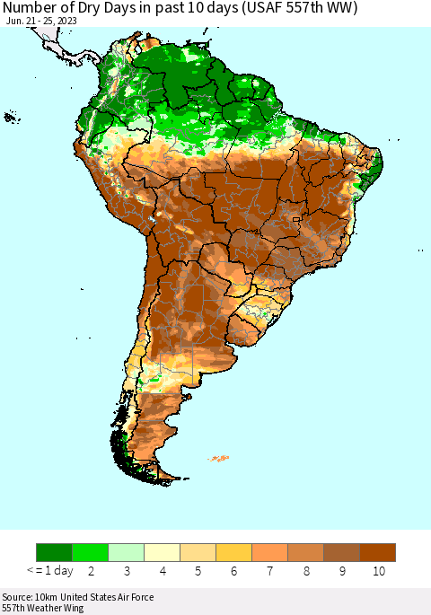 South America Number of Dry Days in past 10 days (USAF 557th WW) Thematic Map For 6/21/2023 - 6/25/2023