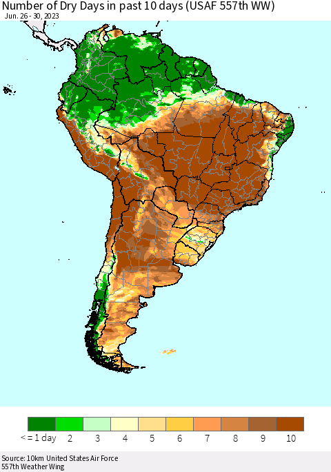 South America Number of Dry Days in past 10 days (USAF 557th WW) Thematic Map For 6/26/2023 - 6/30/2023