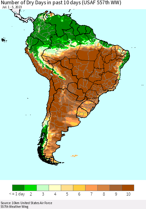 South America Number of Dry Days in past 10 days (USAF 557th WW) Thematic Map For 7/1/2023 - 7/5/2023