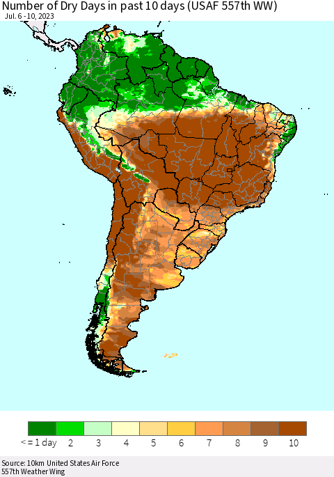 South America Number of Dry Days in past 10 days (USAF 557th WW) Thematic Map For 7/6/2023 - 7/10/2023