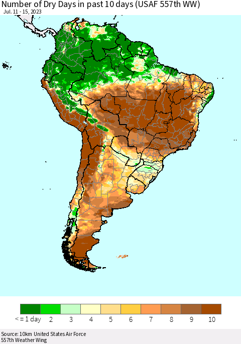 South America Number of Dry Days in past 10 days (USAF 557th WW) Thematic Map For 7/11/2023 - 7/15/2023