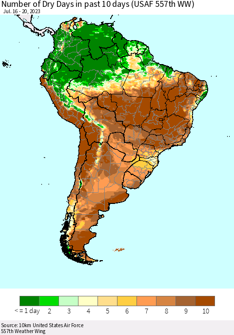 South America Number of Dry Days in past 10 days (USAF 557th WW) Thematic Map For 7/16/2023 - 7/20/2023