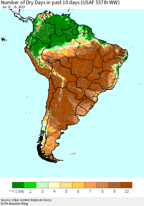 South America Number of Dry Days in past 10 days (USAF 557th WW) Thematic Map For 7/21/2023 - 7/25/2023