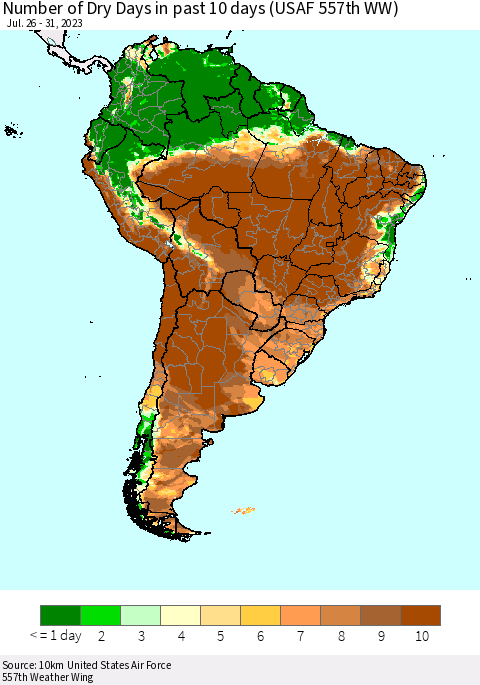 South America Number of Dry Days in past 10 days (USAF 557th WW) Thematic Map For 7/26/2023 - 7/31/2023