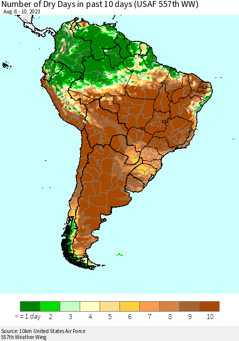South America Number of Dry Days in past 10 days (USAF 557th WW) Thematic Map For 8/6/2023 - 8/10/2023