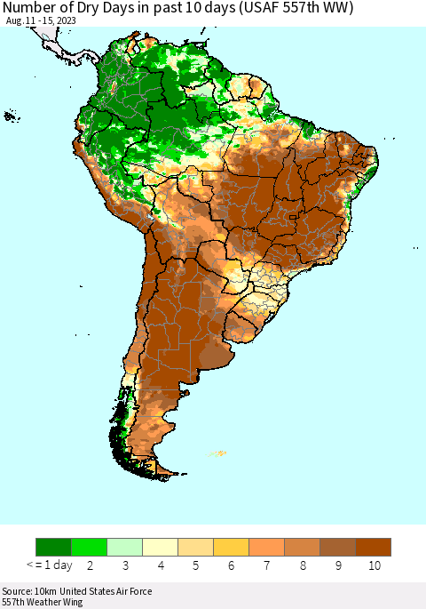 South America Number of Dry Days in past 10 days (USAF 557th WW) Thematic Map For 8/11/2023 - 8/15/2023