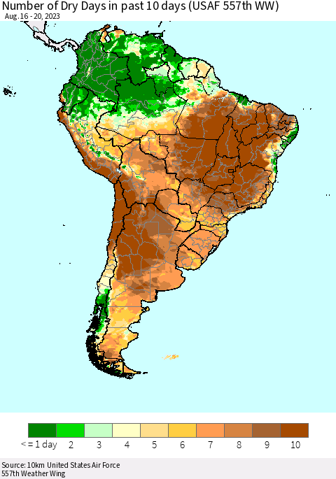 South America Number of Dry Days in past 10 days (USAF 557th WW) Thematic Map For 8/16/2023 - 8/20/2023