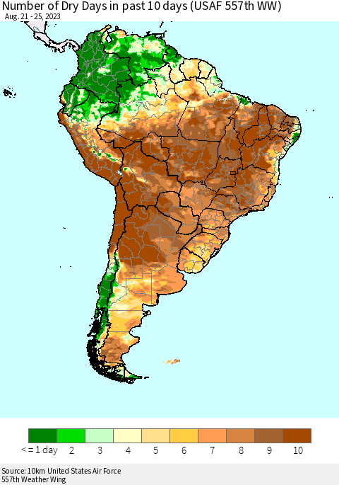 South America Number of Dry Days in past 10 days (USAF 557th WW) Thematic Map For 8/21/2023 - 8/25/2023