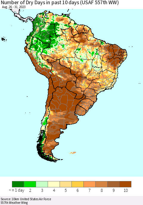 South America Number of Dry Days in past 10 days (USAF 557th WW) Thematic Map For 8/26/2023 - 8/31/2023