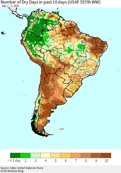 South America Number of Dry Days in past 10 days (USAF 557th WW) Thematic Map For 9/1/2023 - 9/5/2023