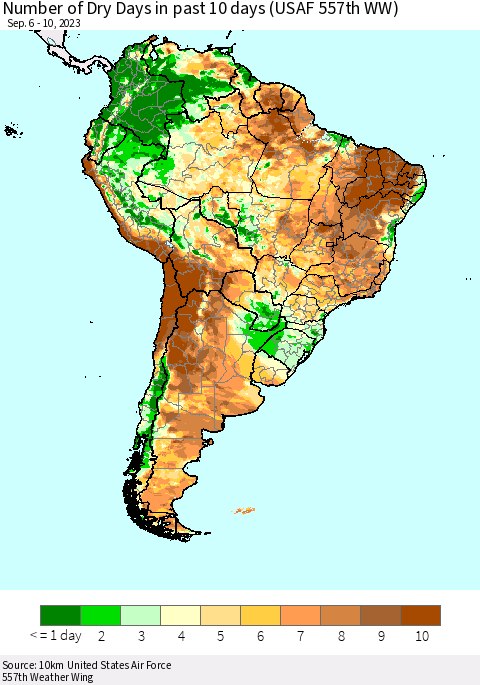 South America Number of Dry Days in past 10 days (USAF 557th WW) Thematic Map For 9/6/2023 - 9/10/2023
