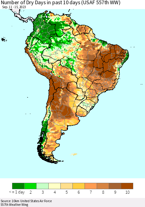 South America Number of Dry Days in past 10 days (USAF 557th WW) Thematic Map For 9/11/2023 - 9/15/2023