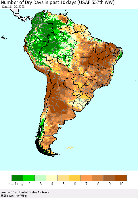 South America Number of Dry Days in past 10 days (USAF 557th WW) Thematic Map For 9/16/2023 - 9/20/2023