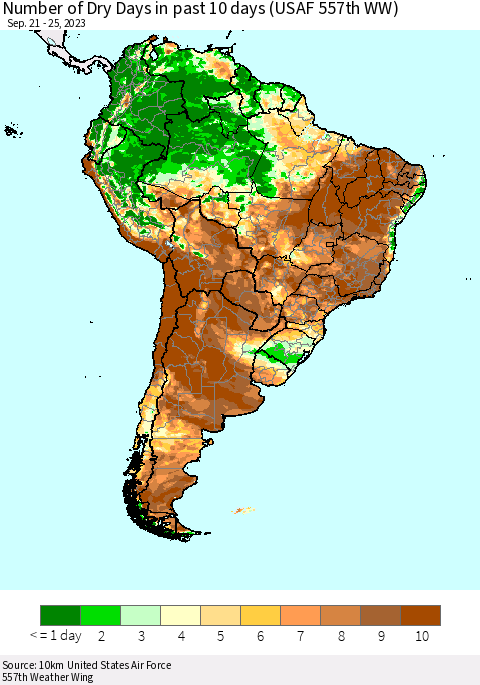 South America Number of Dry Days in past 10 days (USAF 557th WW) Thematic Map For 9/21/2023 - 9/25/2023