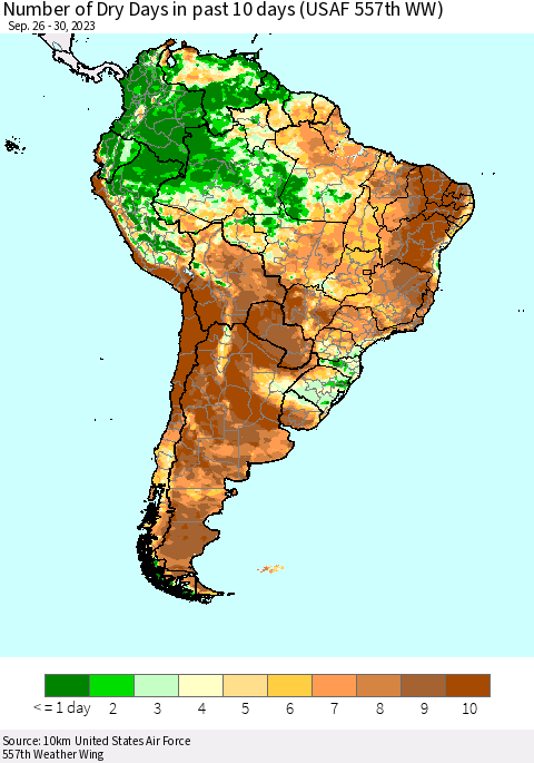 South America Number of Dry Days in past 10 days (USAF 557th WW) Thematic Map For 9/26/2023 - 9/30/2023