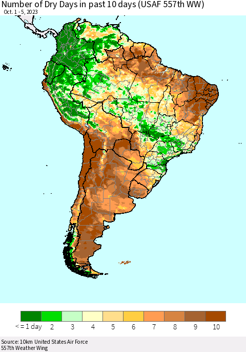 South America Number of Dry Days in past 10 days (USAF 557th WW) Thematic Map For 10/1/2023 - 10/5/2023