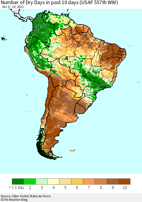 South America Number of Dry Days in past 10 days (USAF 557th WW) Thematic Map For 10/6/2023 - 10/10/2023