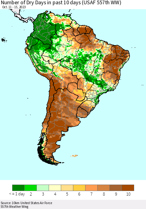 South America Number of Dry Days in past 10 days (USAF 557th WW) Thematic Map For 10/11/2023 - 10/15/2023